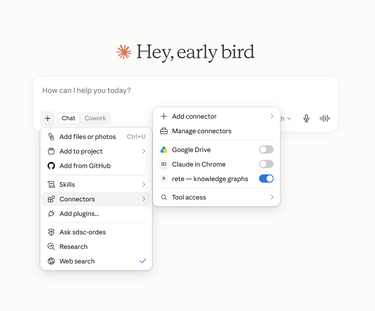 A connector list with 'rete — knowledge graphs' toggled on.